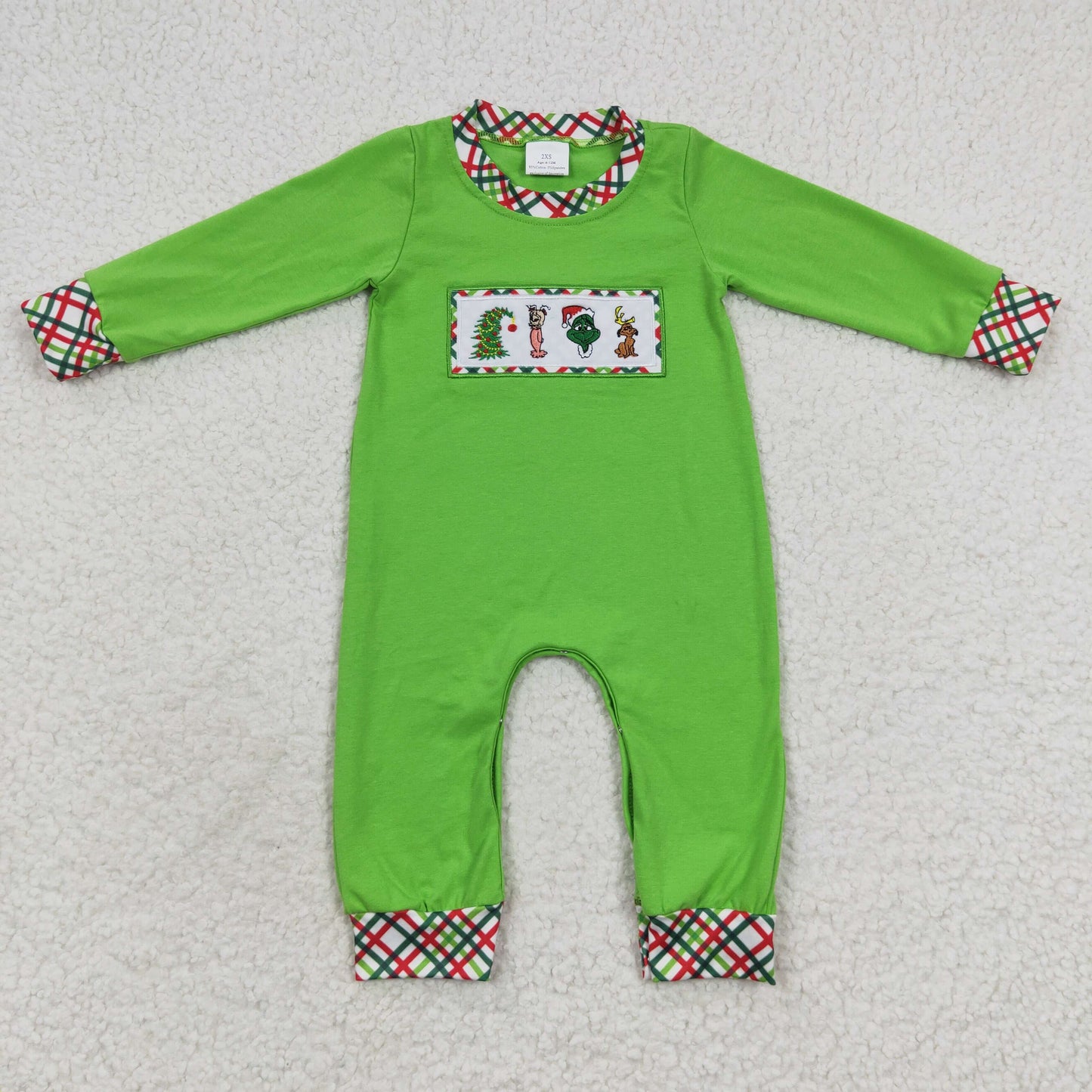 baby boy christmas green cotton embroidered romper