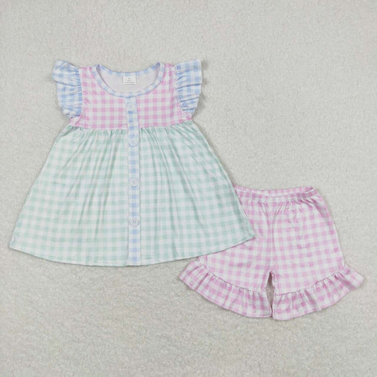 pink blue green plaid shorts set girl summer outfit