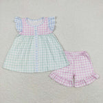 pink blue green plaid shorts set girl summer outfit