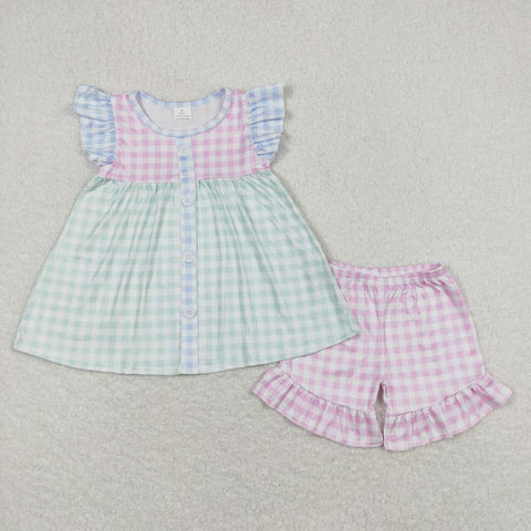 pink blue green plaid shorts set girl summer outfit