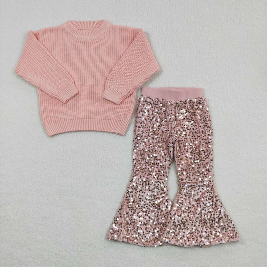 light pink knit sweater + sequins pants girls outfits