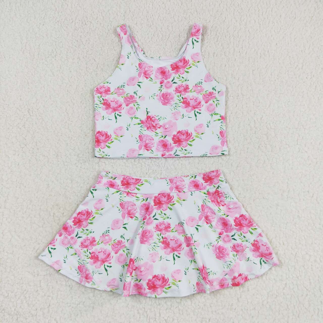 Rosy Hot Pink Florals Girls Tankini & Skort Swim or Yoga Set