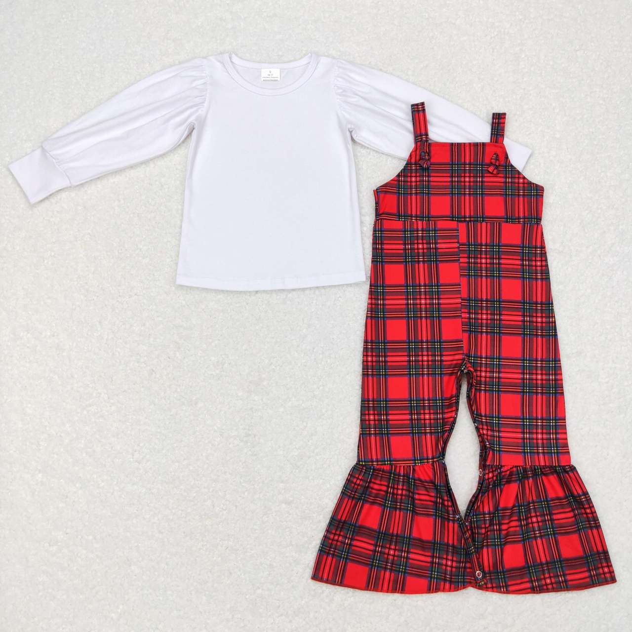 white cotton shirt+red plaid jumpsuit girls outfit