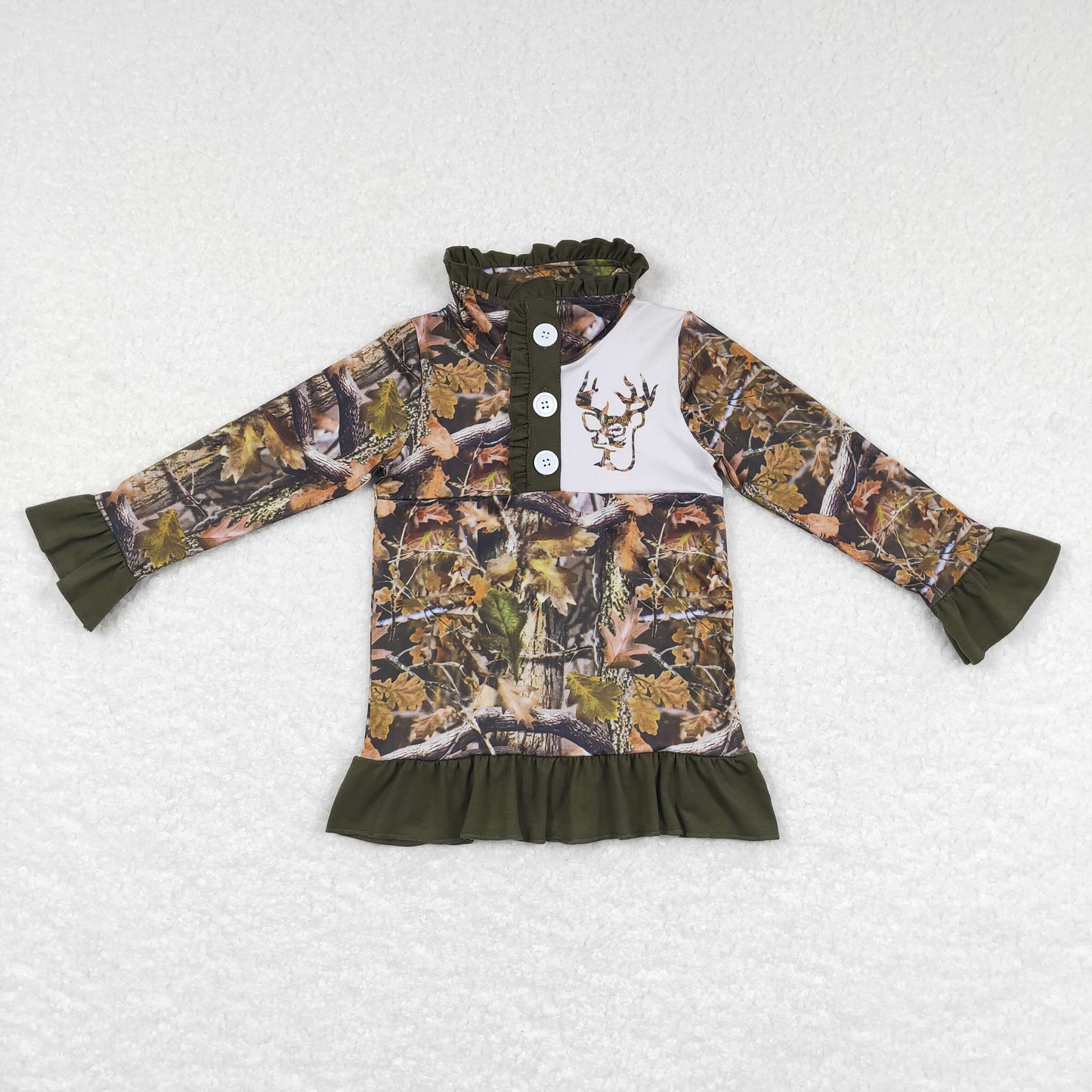 little girl ruffle camo zip pullover with deer print