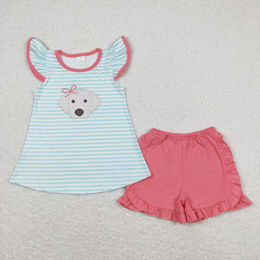 summer girls clothes set dog embroidery shorts set wholesale children