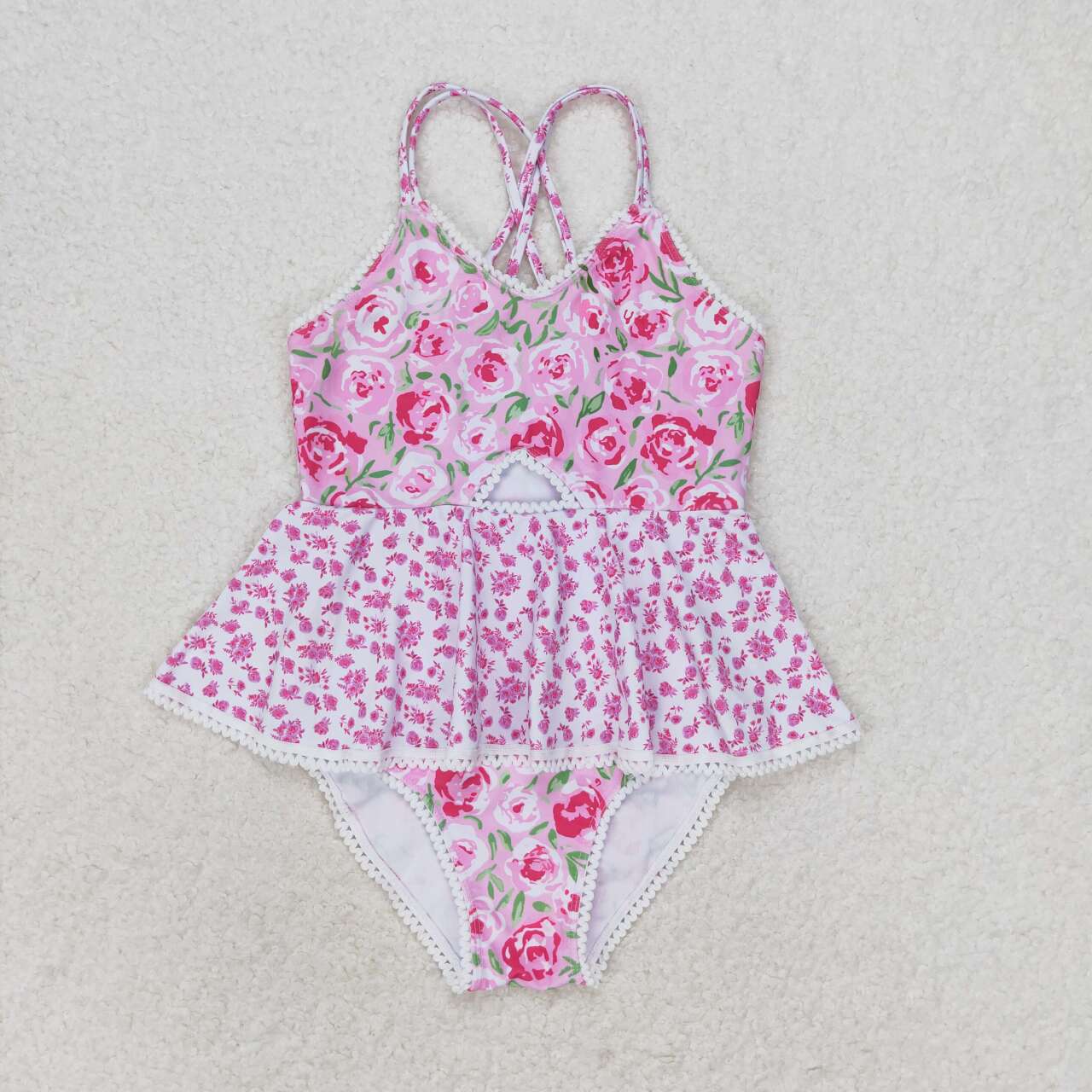 pink floral print one-piece girl swimsuit