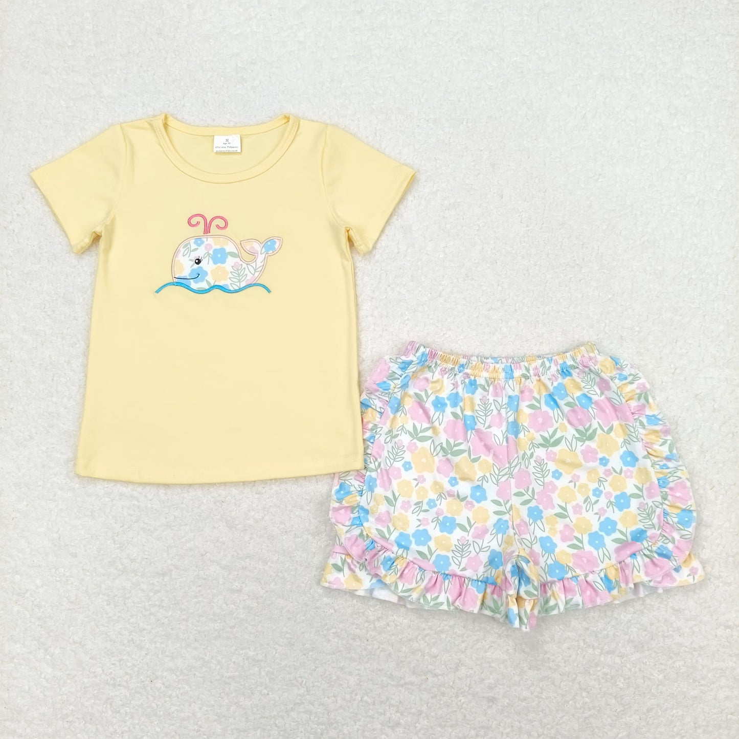 yellow whale embroidery floral ruffle shorts set