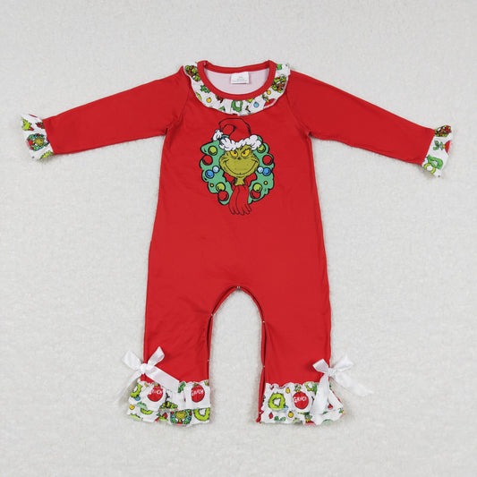 Christmas red grinchey ruffle romper for baby girl