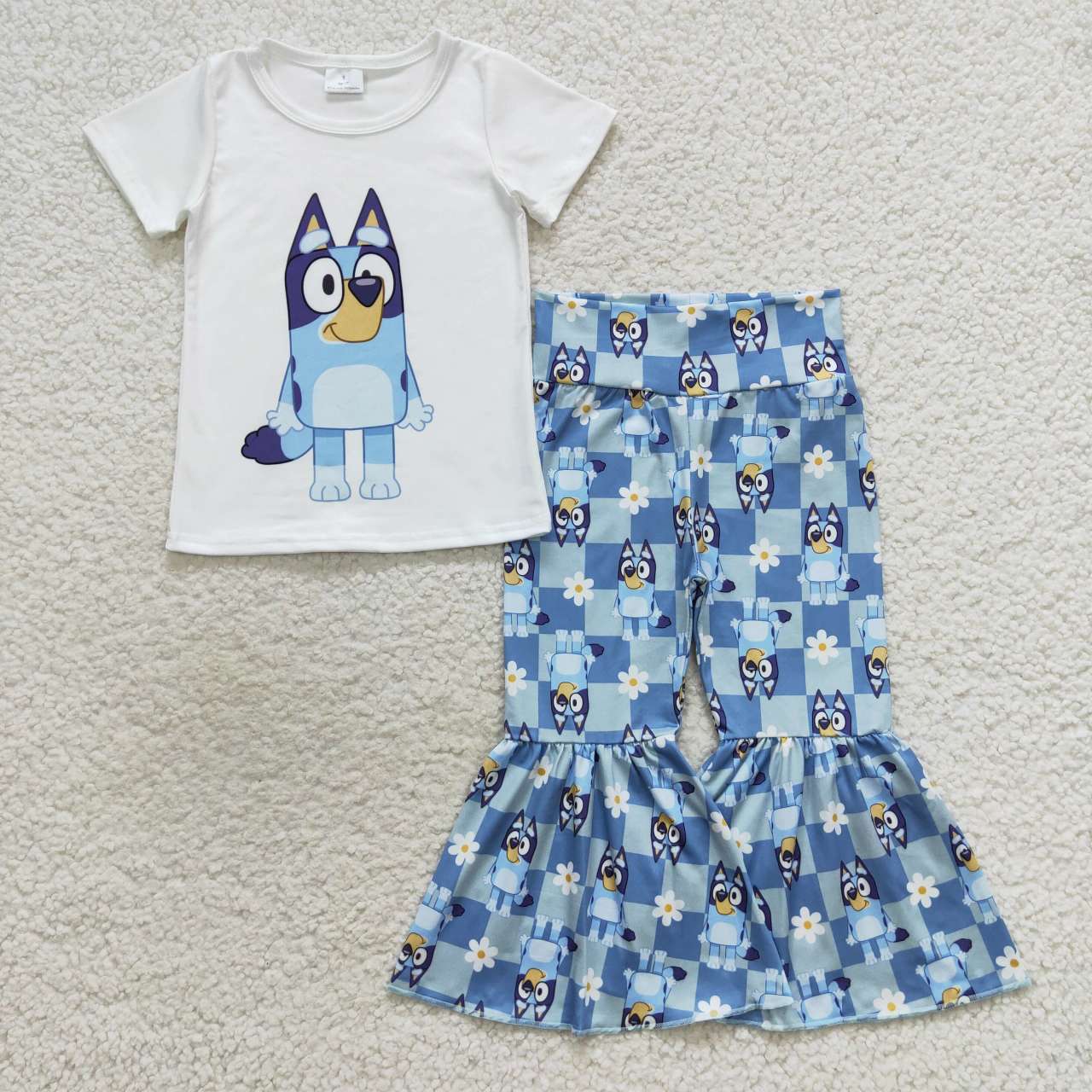 short sleeve blue dog bell bottom outfit