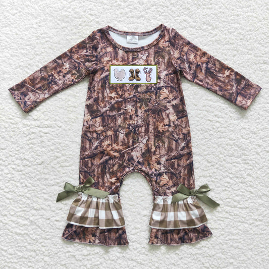 turkey boots deer embroidery infant girl camo ruffle romper