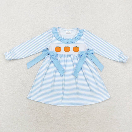 blue stripe pumpkin embroidered bow dress