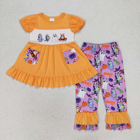 Kids Halloween Blu*y Dress Ruffle Pants Outfit Orange