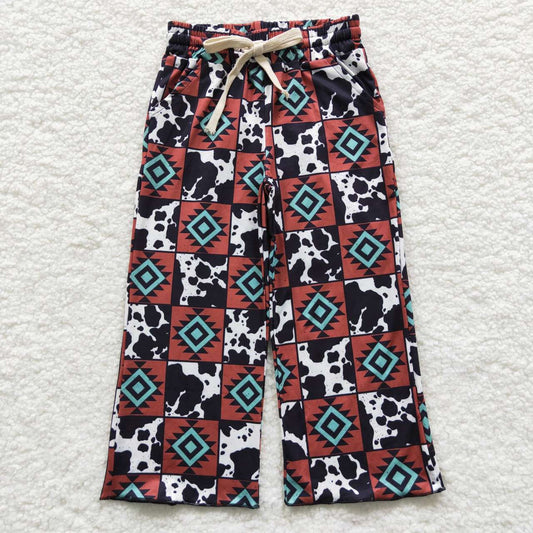 Geometric figure cow print girl straight pocket pants