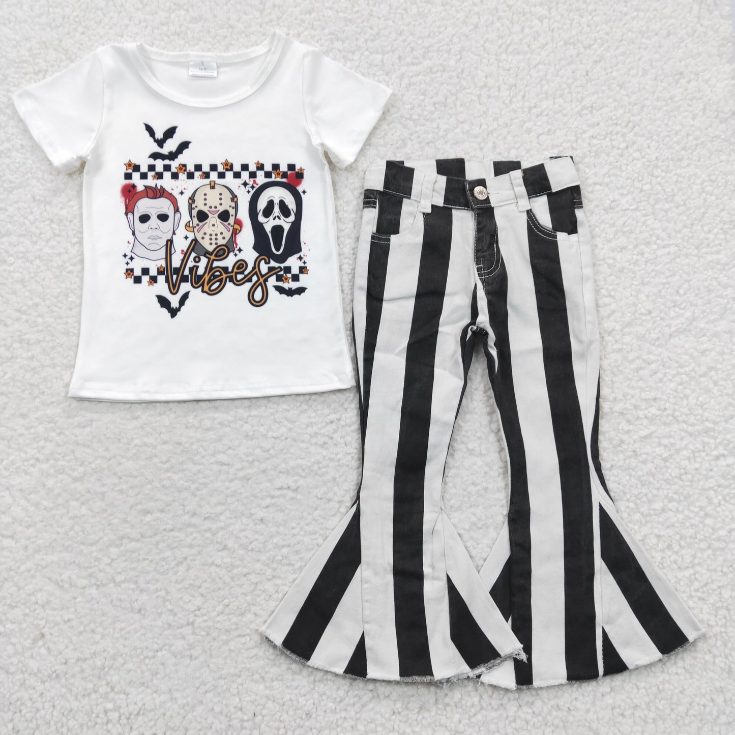 kids horror white t-shirt and black stripe denim pants set