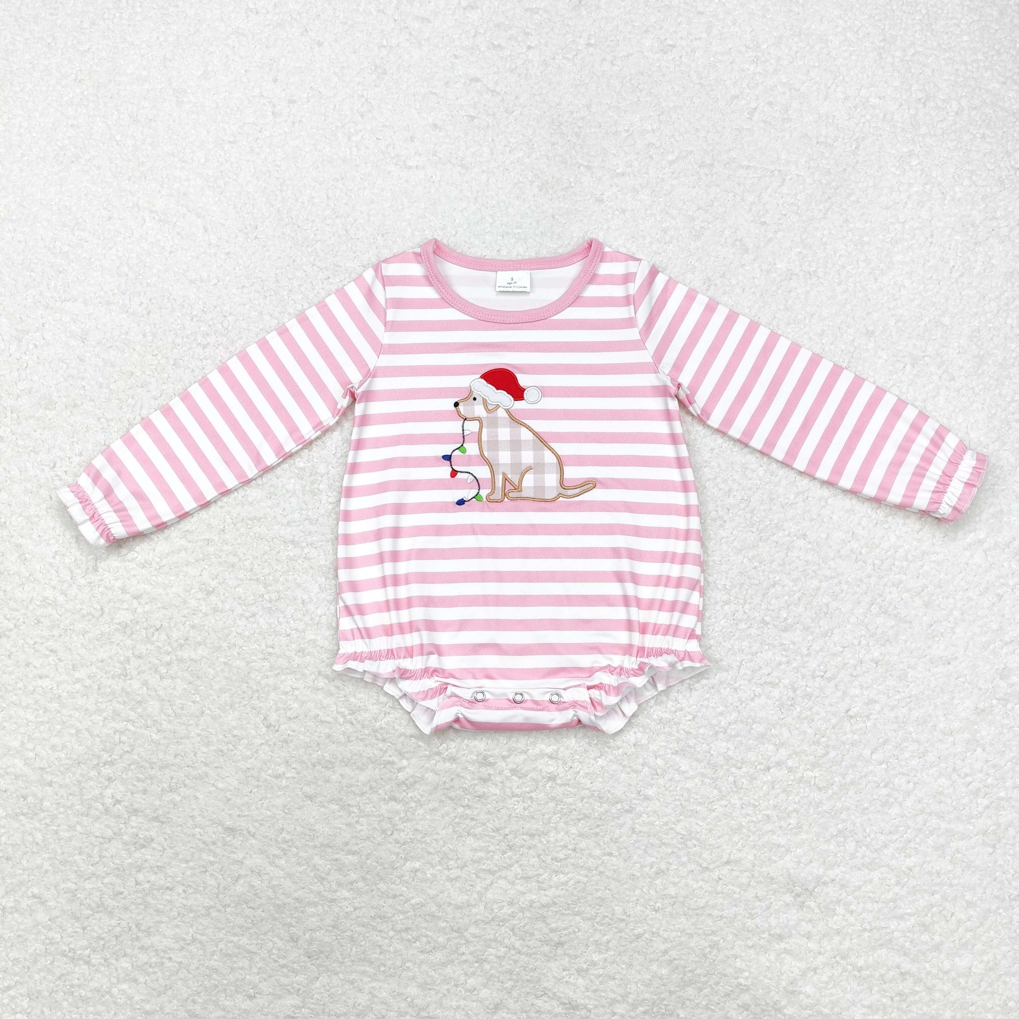 pink stripes christmas santa dog embroidered bubble girl