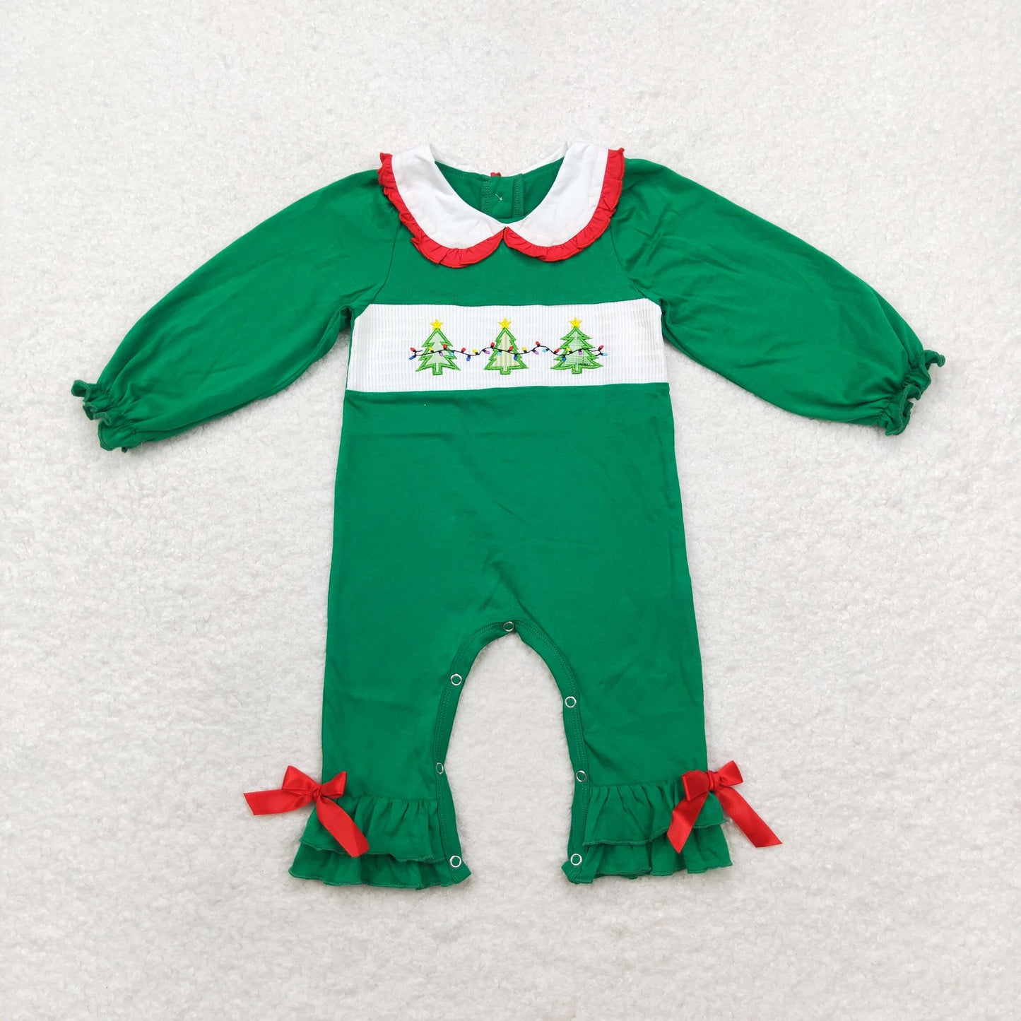 cotton green christmas tree smock romper girl