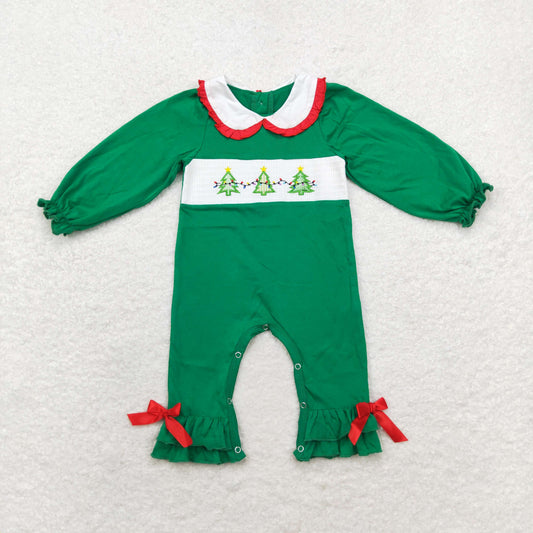 cotton green christmas tree smock romper girl