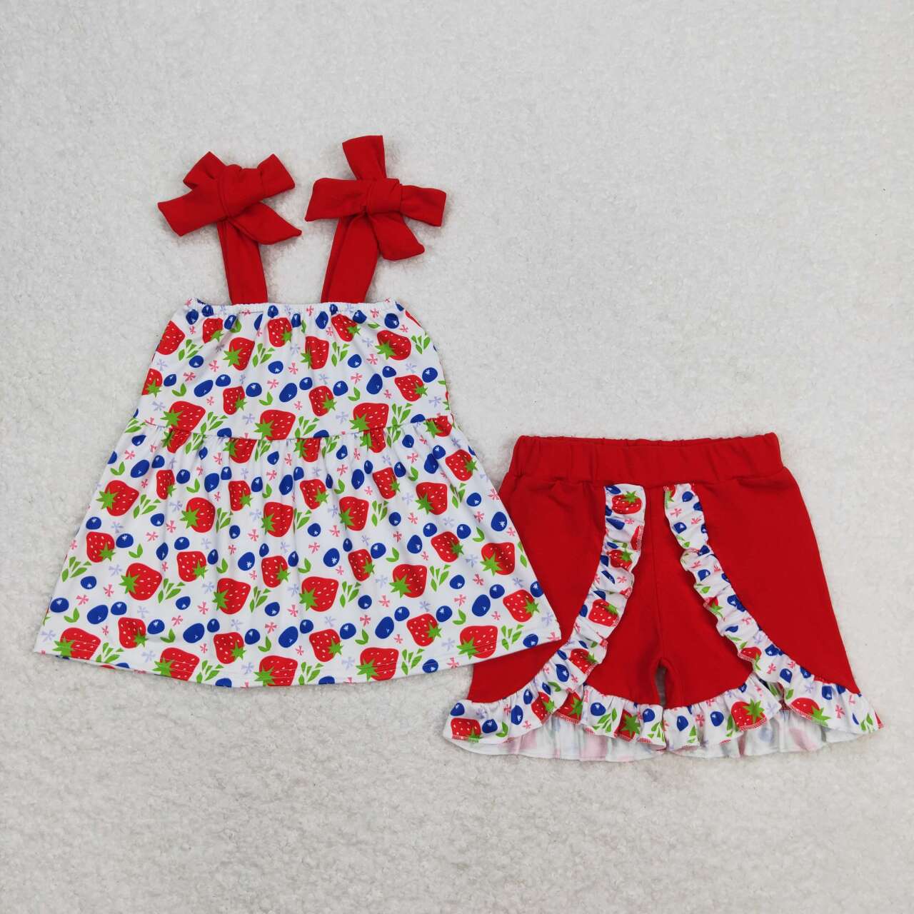 baby girl strap strawberry fruit shorts set red