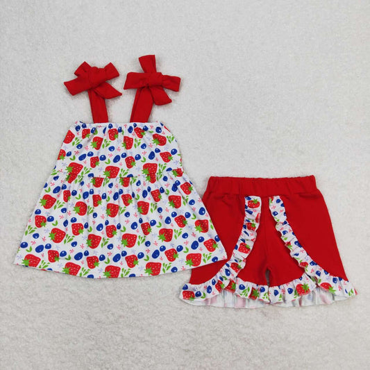 baby girl strap strawberry fruit shorts set red