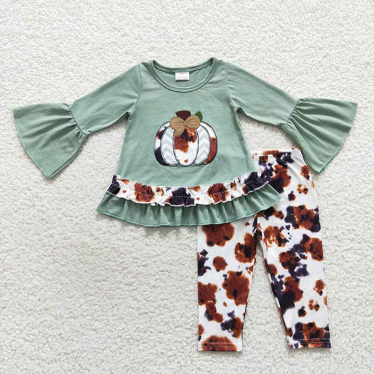 Cow pumpkin embroidery legging set outfit kids girl fall clothes