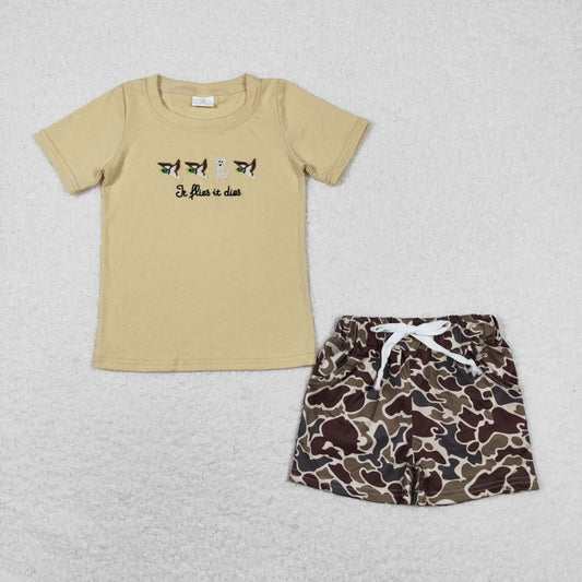 go hunting embroidery camo shorts set boy clothes