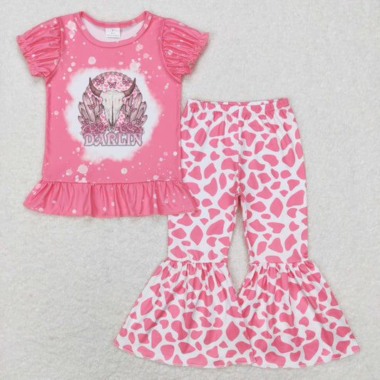 girl pink cow print bell bottom outfit