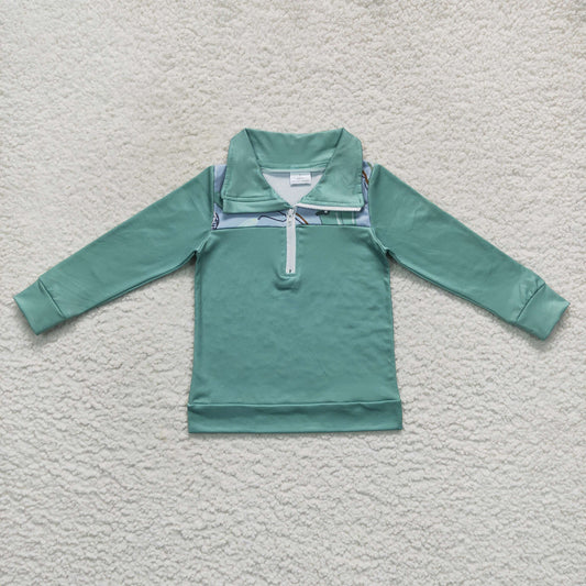 green fishing print zip up pullover