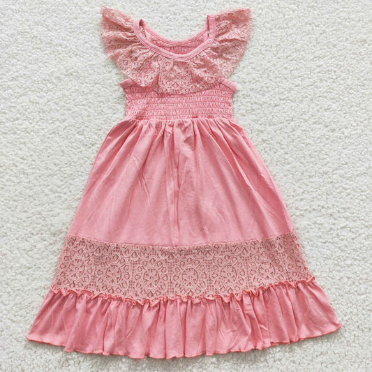 smocked cotton sleeveless pink lace ruffle long dress