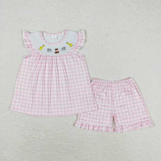 pink plaid animal giraffe elephant embroidery girl shorts set