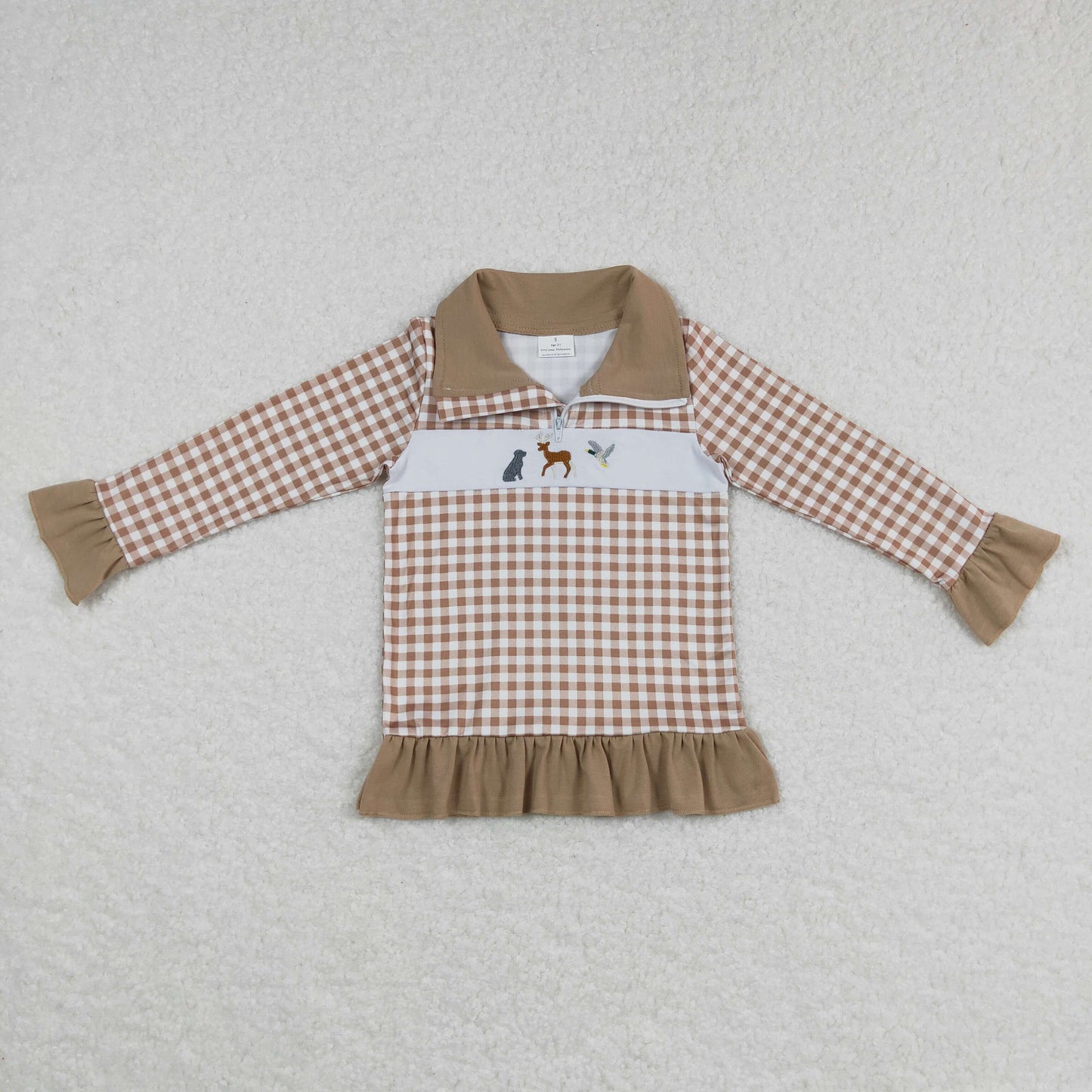 girl ruffle Khaki plaid dog deer duck embroidery pullover