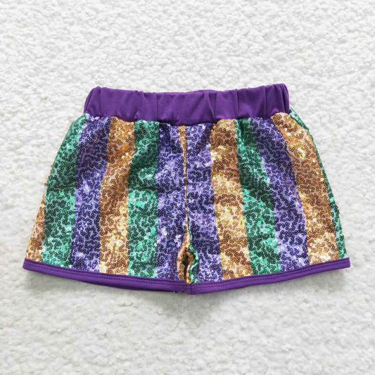 Mardi gras green purple goden stripe sequins shorts