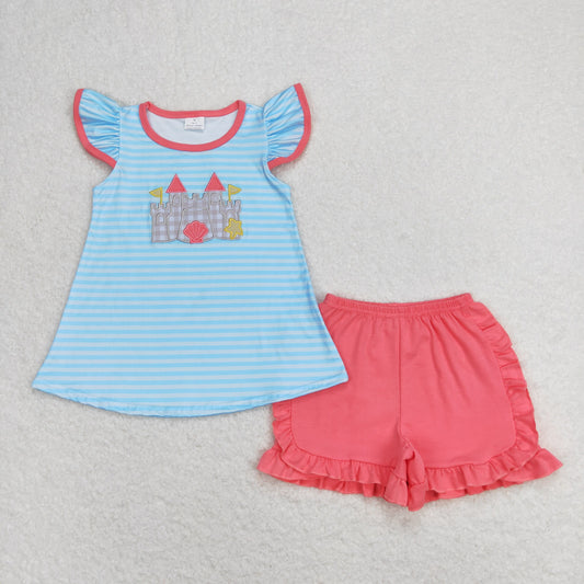 baby girl clothes beach castle embroidery shorts set