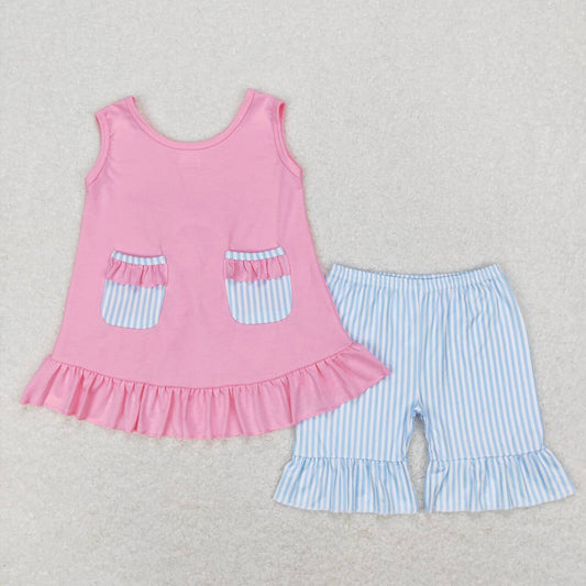 baby girl pink blue tank pocket backless stripe shorts set