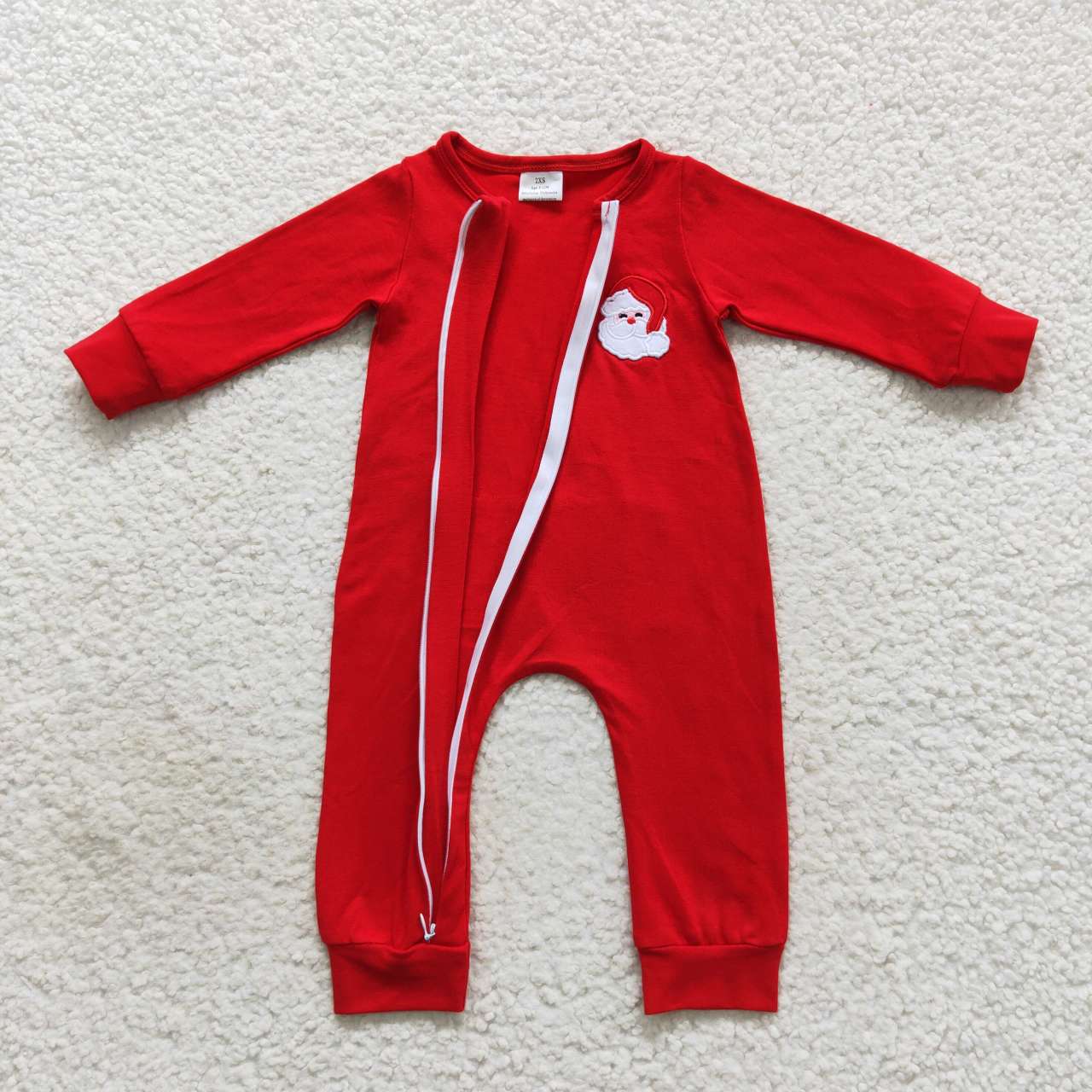 cotton solid red santa embroidery zipper romper