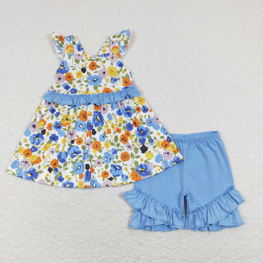 children girl blue floral backless shorts set