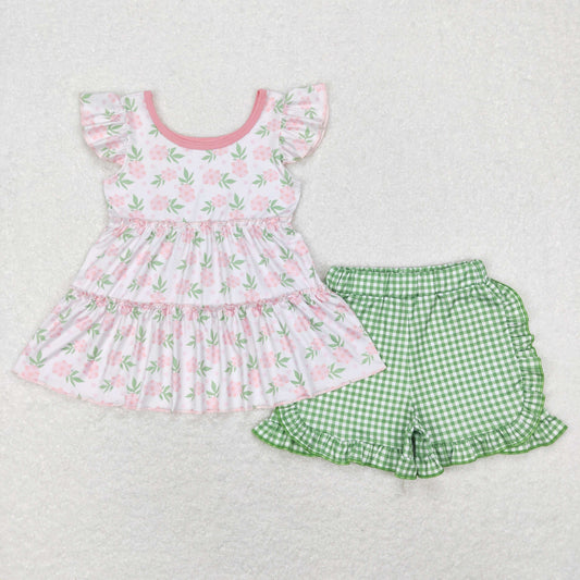 girl pink floral top green plais ruffle shorts set