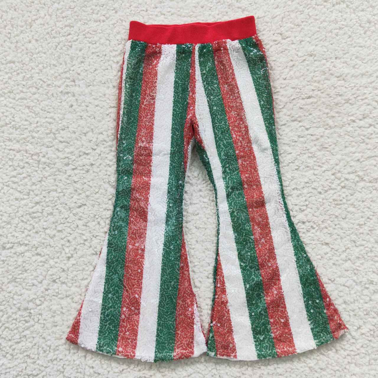 green red white stripe sequins pants girl Christmas trousers