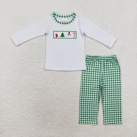 Embroidery Christmas Santa Tree Shirt Green Plaid Pants Clothes Set