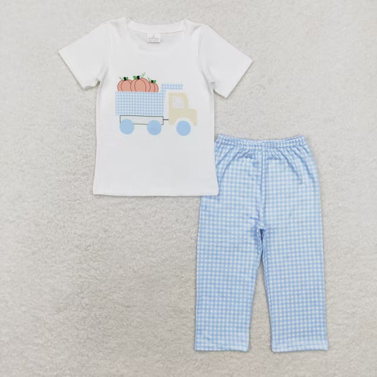 pumpkin truck tee blue plaid pants set boy fall outfit