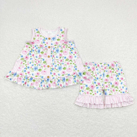 girl clothes summer floral set pocket shorts set