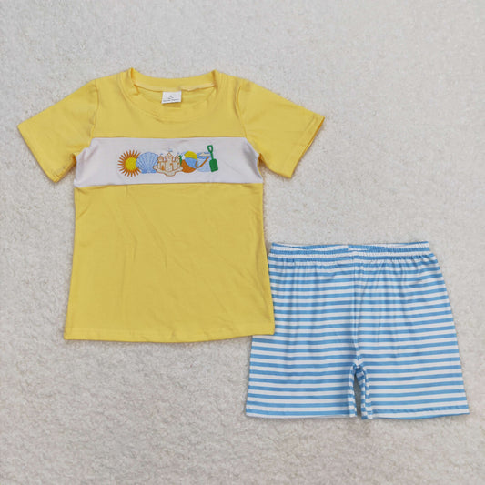 seaside fun embroidery shorts set boy summer clothing