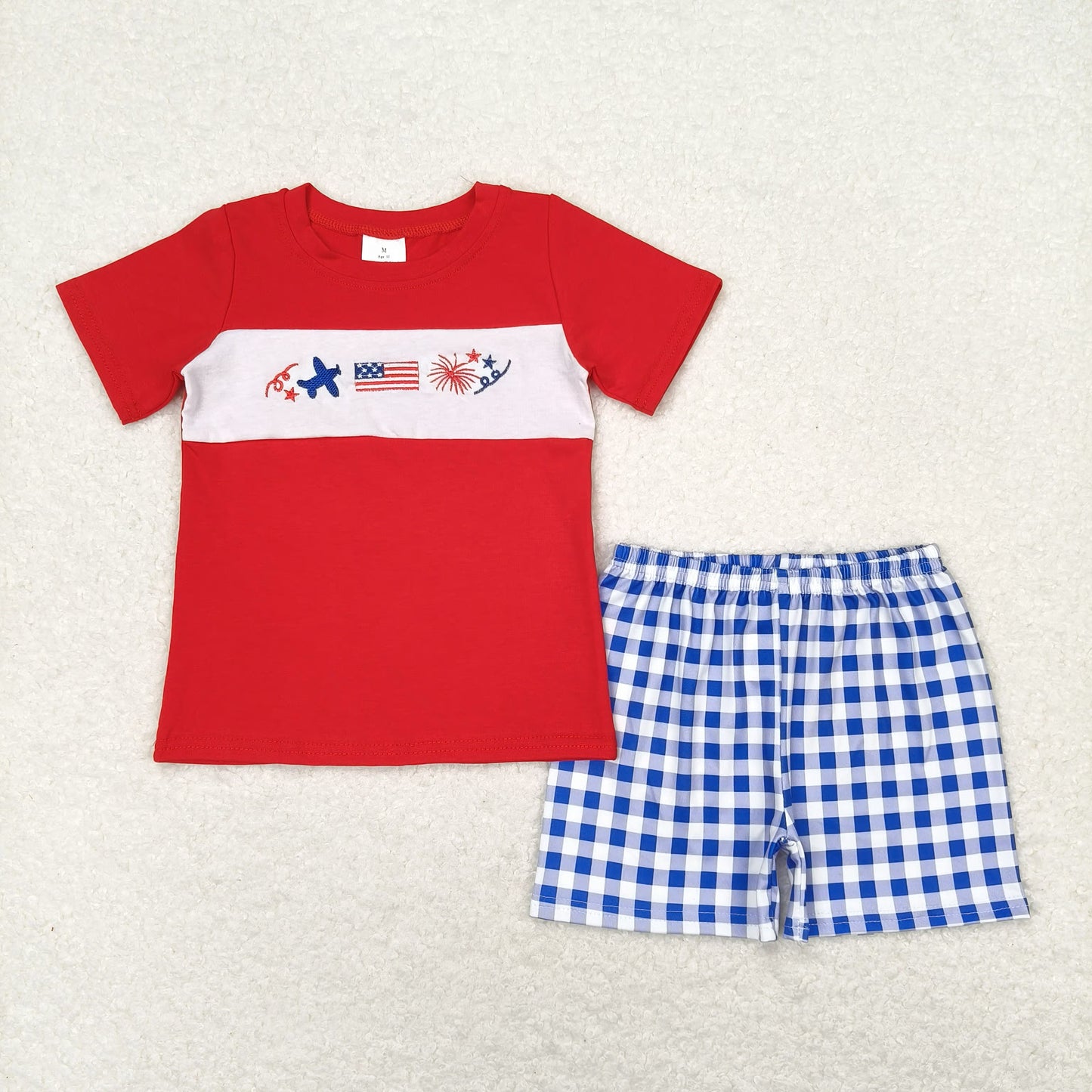 happy forth embroidery red white blue boy shorts set