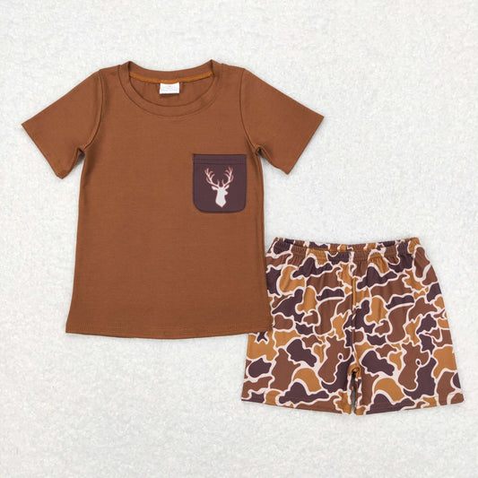 deer print pocket shirt boy camo shorts set