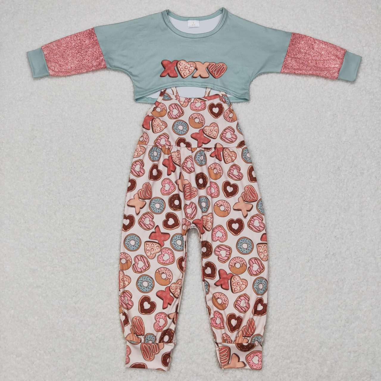girl valentine xoxo candy donut crop top and strap jumpsuit outfit