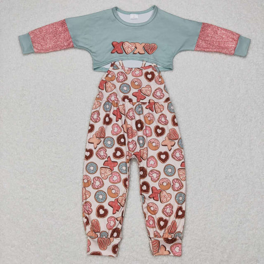 girl valentine xoxo candy donut crop top and strap jumpsuit outfit