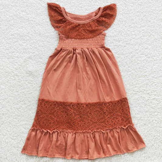 smocked cotton sleeveless brick red lace ruffle long dress