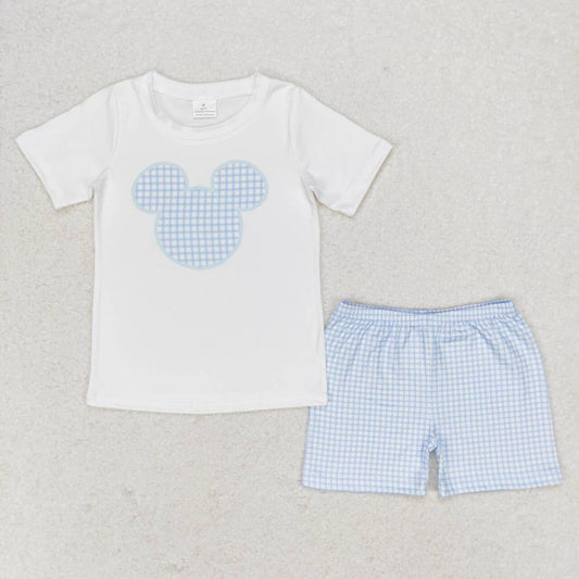 white blue plaid mouse shorts set boys clothing