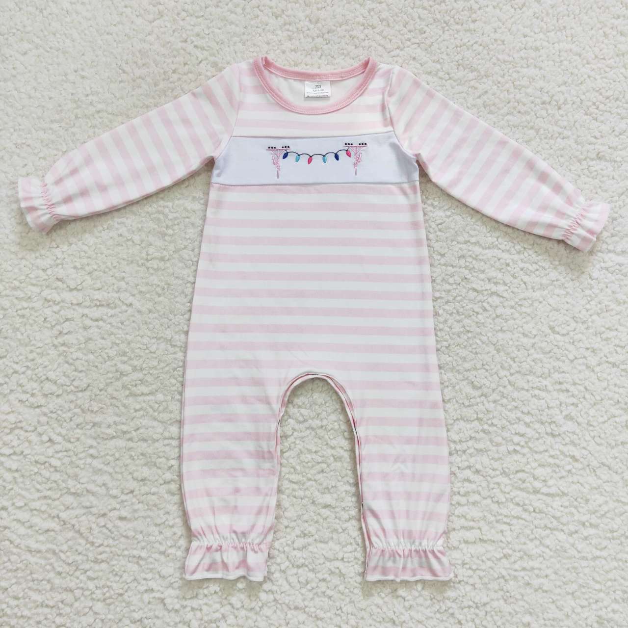 pink stripe christmas light lineman embroidery baby girl romper