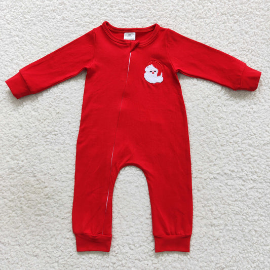 cotton solid red santa embroidery zipper romper