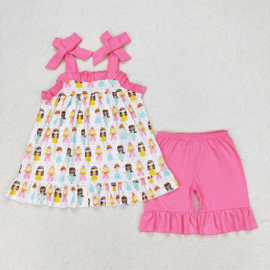 pink summer princess strap shorts set girl